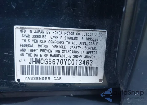 2000 Honda Accord 2.3 Se из США, поврежденный, VIN JHMCG5670YC013463